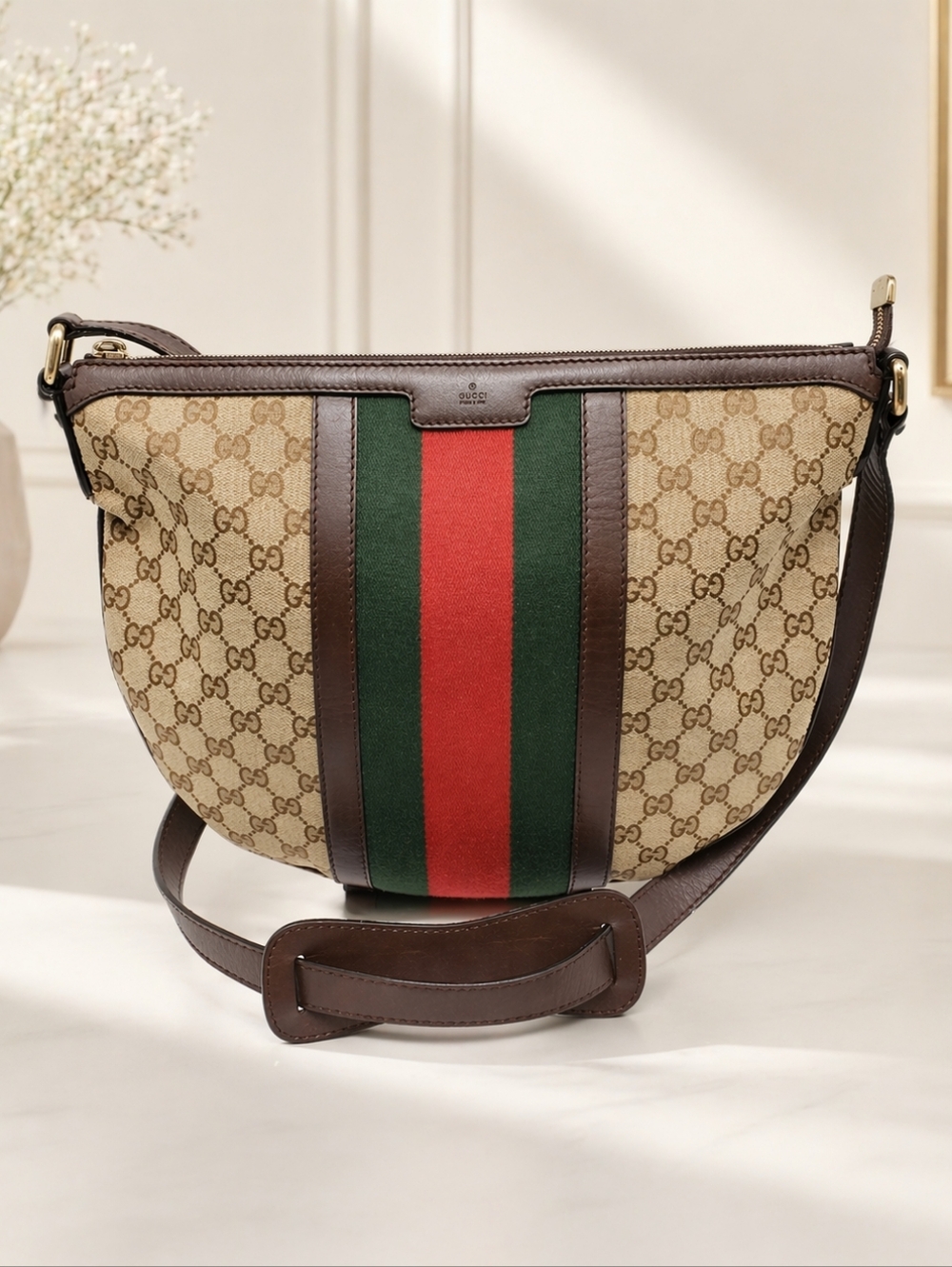 Gucci Brown GG Canvas Shoulder Bag with Green and Red Web Stripe